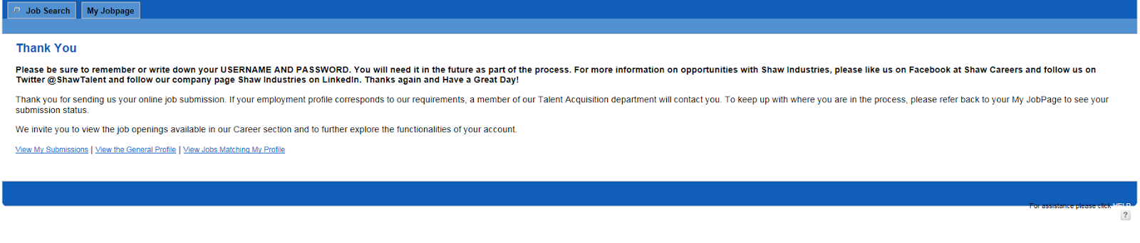 Shaw Job Application Thank You Screen